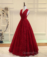 Burgundy V Neck Lace Long Evening Prom Dress, Burgundy Evening Dress