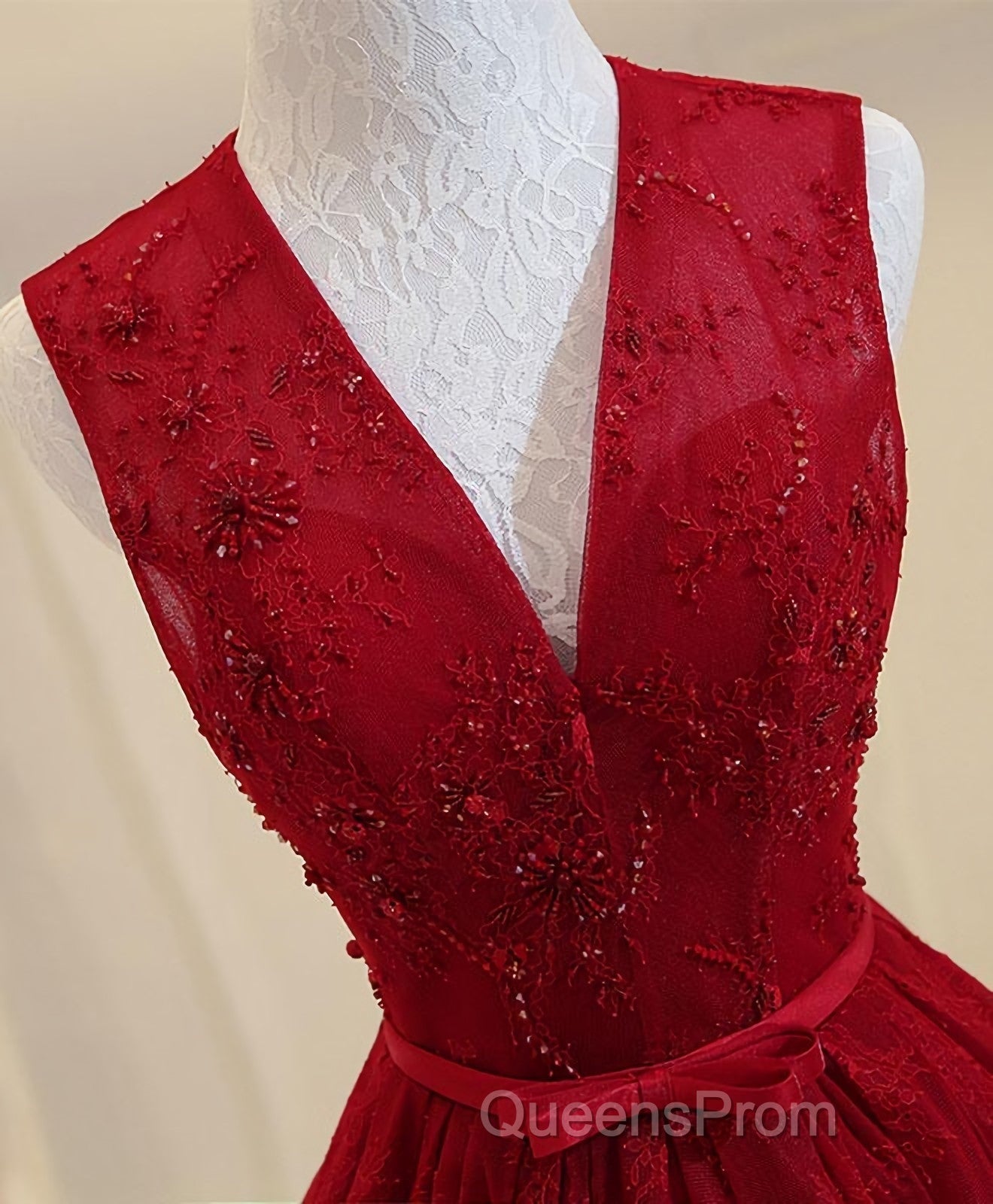 Burgundy V Neck Lace Long Evening Prom Dress, Burgundy Evening Dress