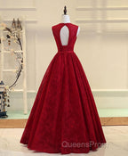 Burgundy V Neck Lace Long Evening Prom Dress, Burgundy Evening Dress