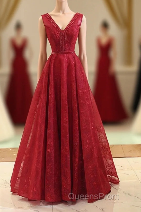 Burgundy V Neck Lace Long Evening Prom Gown Burgundy Evening Dress Main image