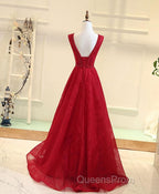 Burgundy V Neck Lace Long Evening Prom Gown Burgundy Evening Dress
