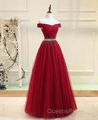 Burgundy Tulle Off Shoulder Long Evening Prom Dress, Burgundy Evening Dress