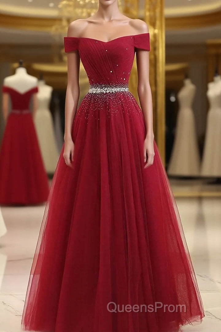 Burgundy Tulle Off Shoulder Long Evening Prom Dress, Burgundy Evening Dress Main image