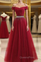 Burgundy Tulle Off Shoulder Long Evening Prom Dress, Burgundy Evening Dress