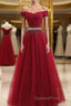 Burgundy Tulle Off Shoulder Long Evening Prom Dress, Burgundy Evening Dress