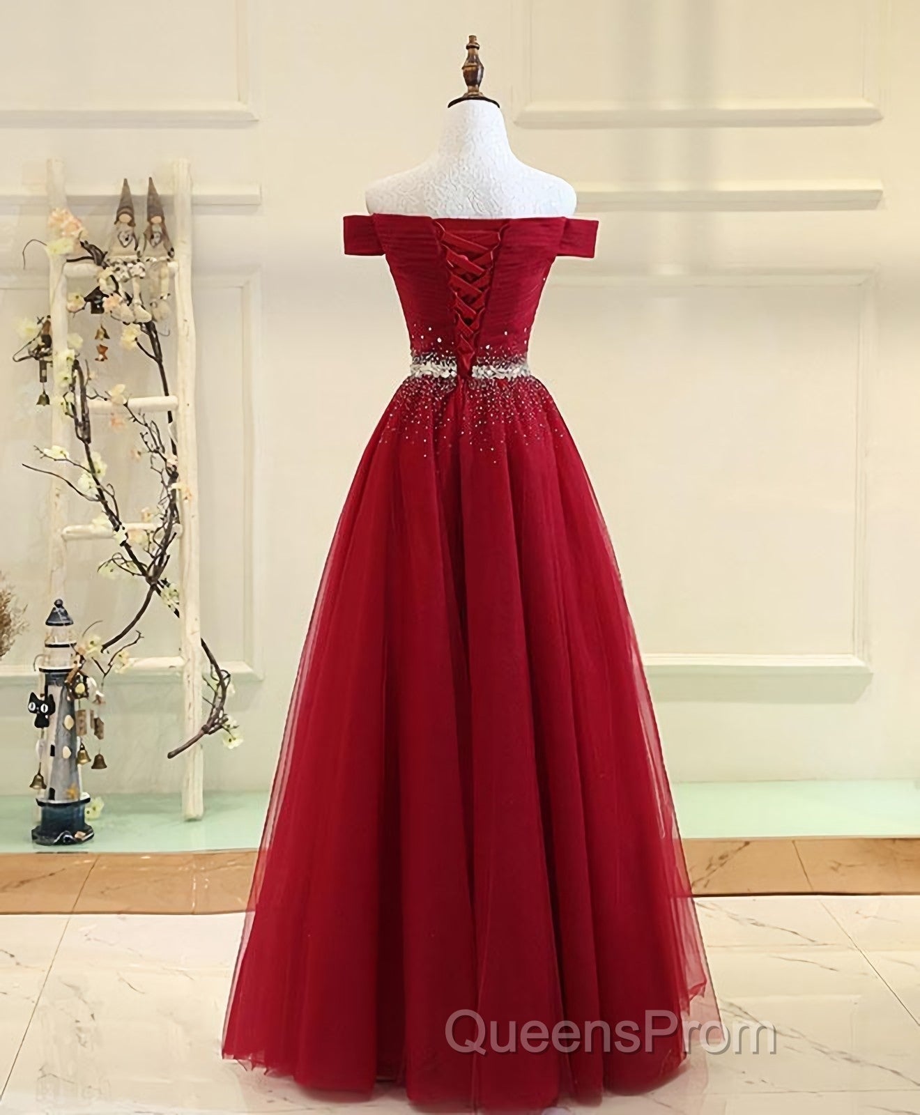 Burgundy Tulle Off Shoulder Long Evening Prom Dress, Burgundy Evening Dress