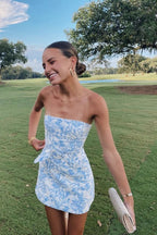 Bravo Floral Print Homecoming Dress Strapless Mini Party Gown,