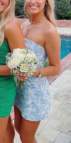 Bravo Floral Print Homecoming Dress Strapless Mini Party Gown,
