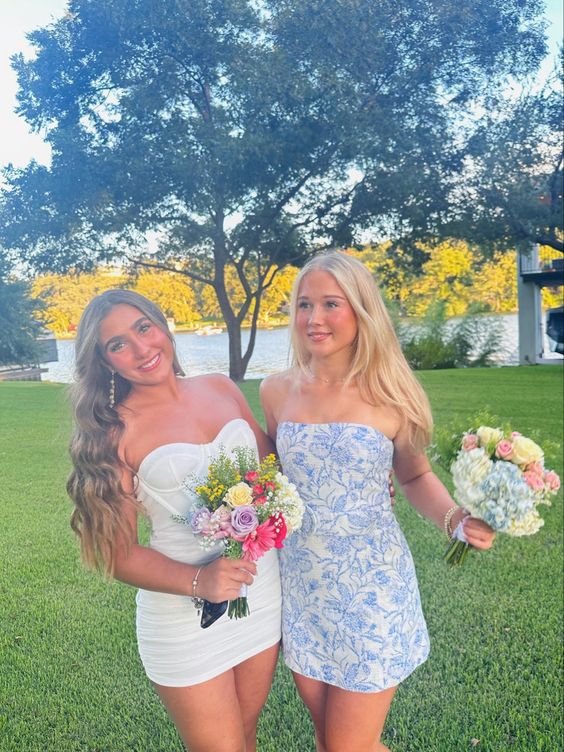 Bravo Floral Print Homecoming Dress Strapless Mini Party Gown,