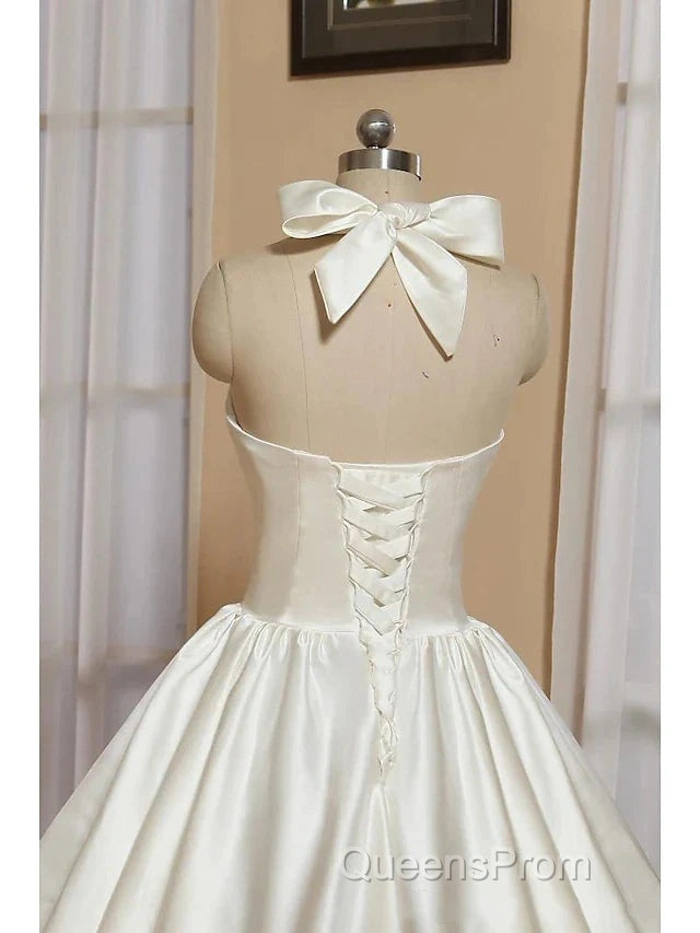Bridal Shower Little White Dress Wedding Dress Tea Length A-Line Sleeveless Halter Satin With Bow(S) Pleats Secondary image