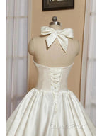 Bridal Shower Little White Dress Wedding Dress Tea Length A-Line Sleeveless Halter Satin With Bow(S) Pleats