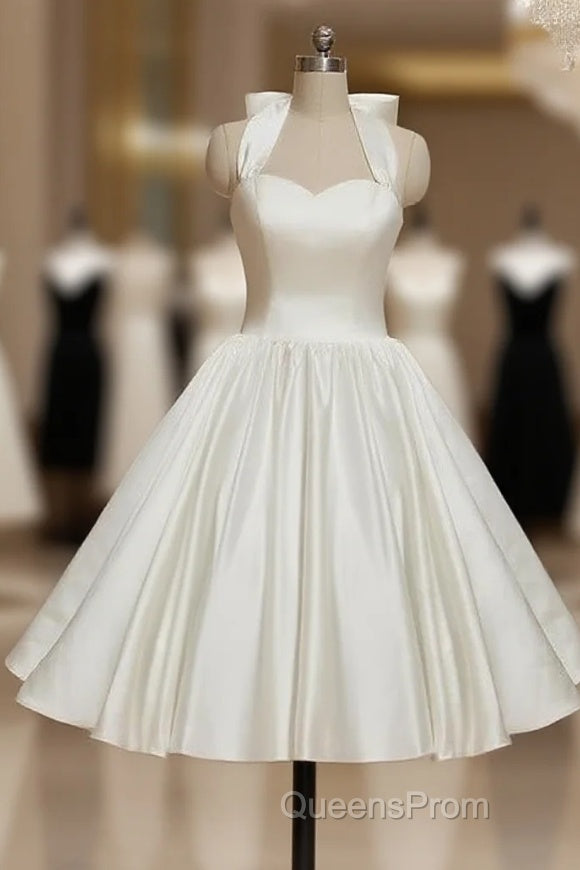 Bridal Shower Little White Dress Wedding Dress Tea Length A-Line Sleeveless Halter Satin With Bow(S) Pleats Main image