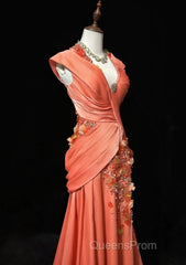 Bright Orange Mermaid V-Neck Satin Beaded Long Evening Prom Dress Sequined Evening Gown