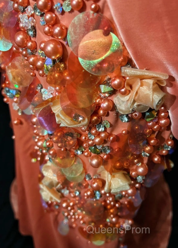Bright Orange Mermaid V-Neck Satin Beaded Long Evening Prom Dress Sequined Evening Gown