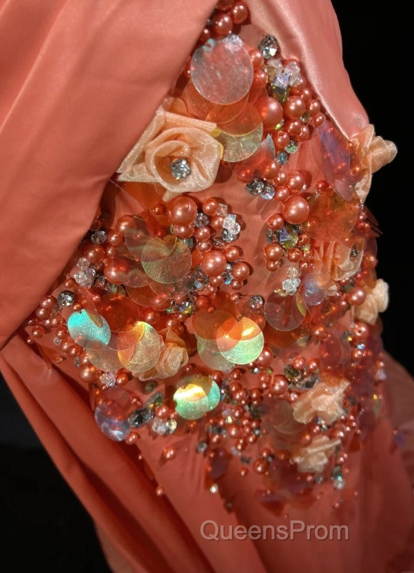 Bright Orange Mermaid V-Neck Satin Beaded Long Evening Prom Dress Sequined Evening Gown