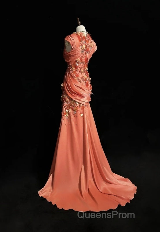 Bright Orange Mermaid V-Neck Satin Beaded Long Evening Prom Dress Sequined Evening Gown