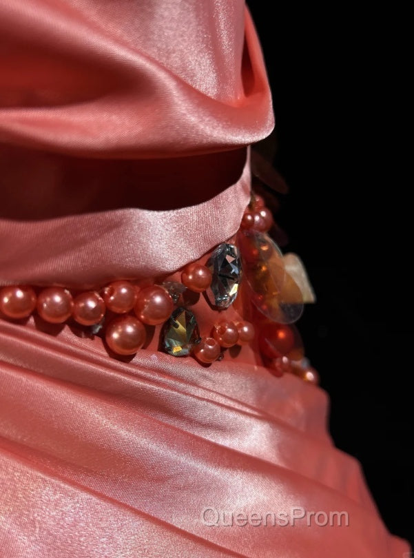 Bright Orange Mermaid V-Neck Satin Beaded Long Evening Prom Dress Sequined Evening Gown