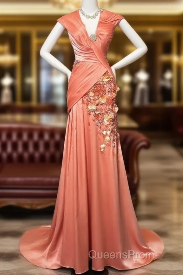 Bright Orange Mermaid V-Neck Satin Beaded Long Evening Prom Dress Sequined Evening Gown Main image
