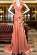 Bright Orange Mermaid V-Neck Satin Beaded Long Evening Prom Dress Sequined Evening Gown
