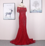 Bright Red Mermaid Crew Neck Beaded Tulle Train Classy Prom Dress