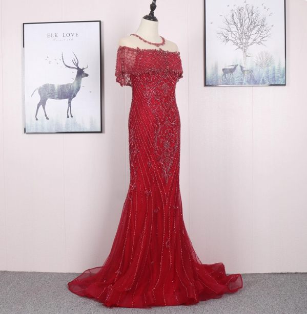 Bright Red Mermaid Crew Neck Beaded Tulle Train Classy Prom Dress