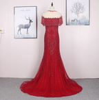 Bright Red Mermaid Crew Neck Beaded Tulle Train Classy Prom Dress