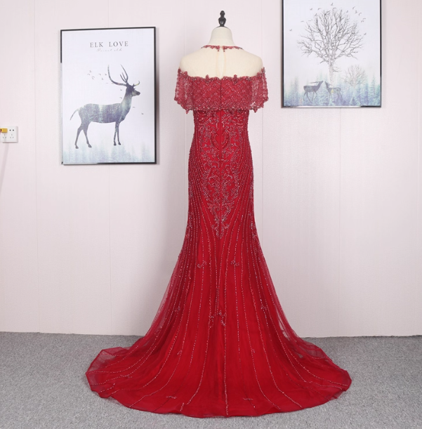 Bright Red Mermaid Crew Neck Beaded Tulle Train Classy Prom Dress