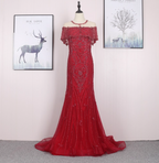 Bright Red Mermaid Crew Neck Beaded Tulle Train Classy Prom Dress