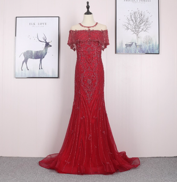 Bright Red Mermaid Crew Neck Beaded Tulle Train Classy Prom Dress