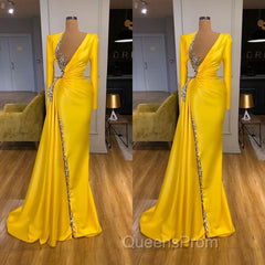 Bright Yellow V-neck Metallic Sequin Long sleeves Evening Prom Dress