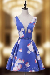 Brilliant Blue Print Homecoming Dress With Plunge V Neckline