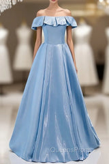Brilliant Blue Satin Off the Shoulder Evening Prom Dress