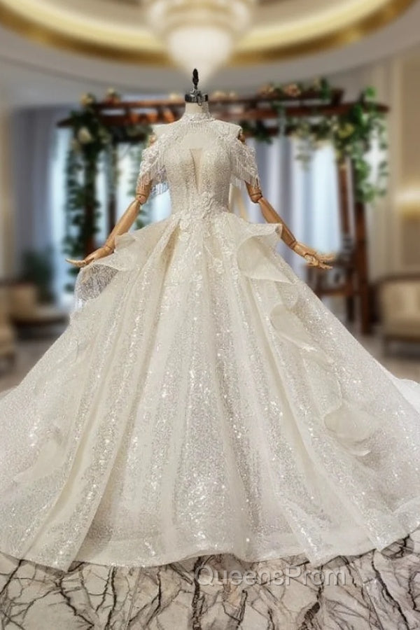 Brilliant Champagne Ball Gown Sequins Beading Off the Shoulder Wedding Dress Main image