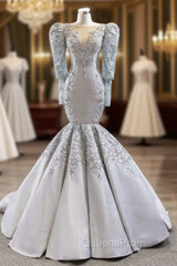 Brilliant Silver Gray Mermaid Satin Long Sleeve Appliques Beading Evening Prom Dress