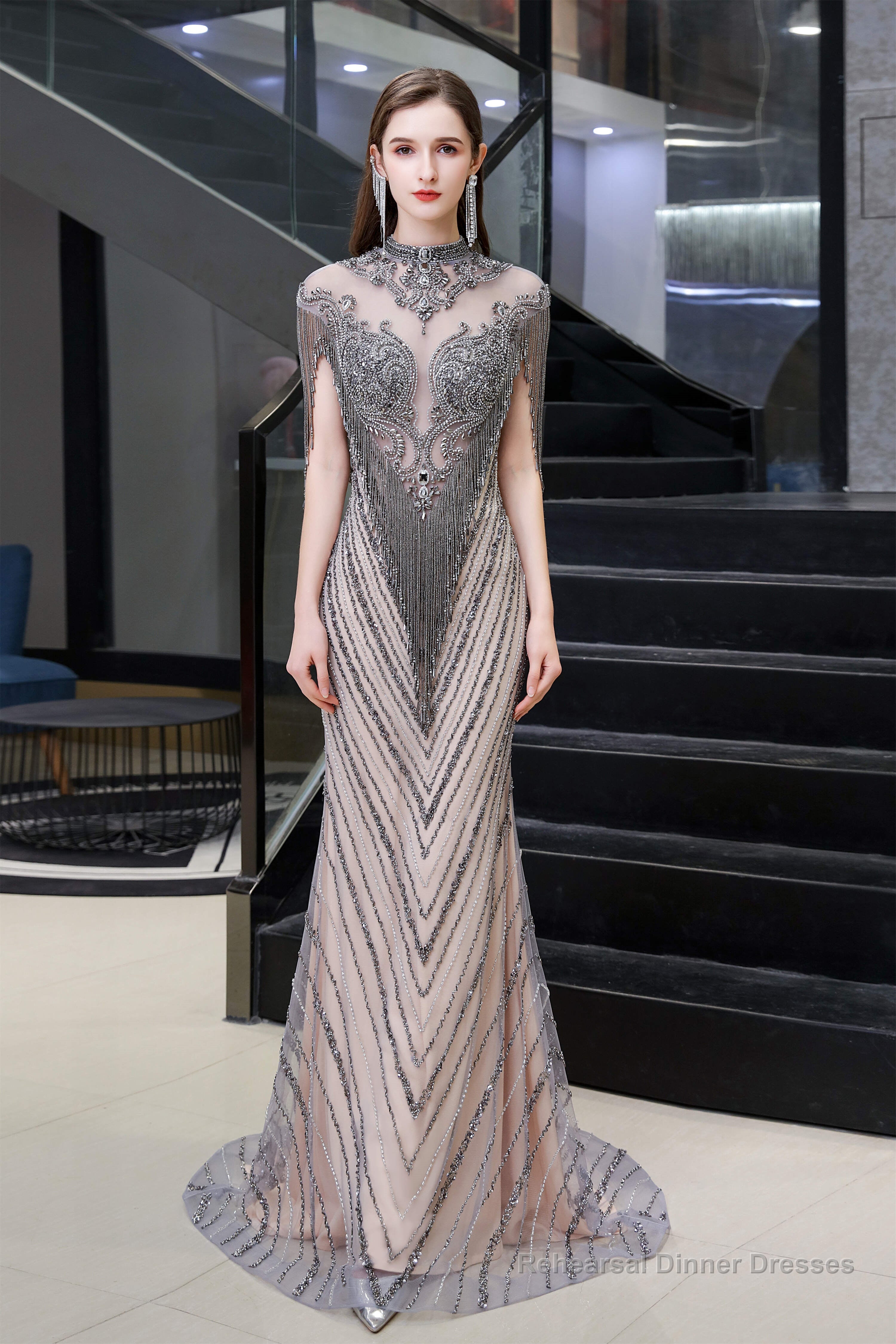 Brilliant Tassels O-Neck Tulle Beaded Rhinestone Slim-line A-Line Prom Dresses Main image