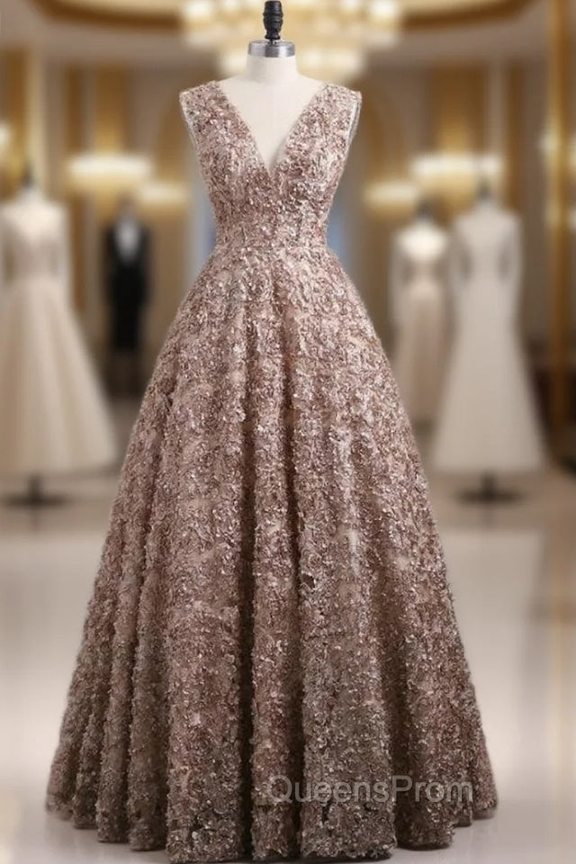 Brown A line Lace V Neckline Long Long Evening Prom Dress