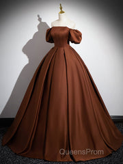 Brown A-Line Satin Long Evening Prom Dress, Brown Long Formal Dress