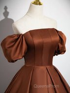 Brown A-Line Satin Long Evening Prom Dress, Brown Long Formal Dress