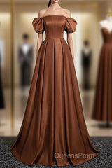 Brown A-Line Satin Long Evening Prom Dress, Brown Long Formal Dress