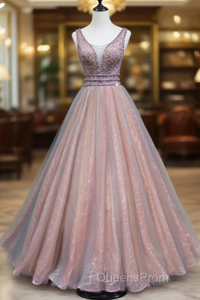 Brown A-Line Tulle Long Formal Dress Features Plunge Neck With Mesh Insert Evening Prom Dress, Main image