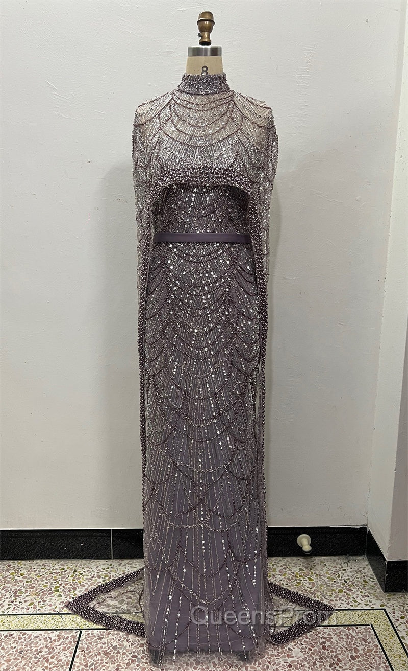 Brown Beading Evening Prom Dress Sweep Train High Neck Zipper Sleeveless Evening Dress Secondary image