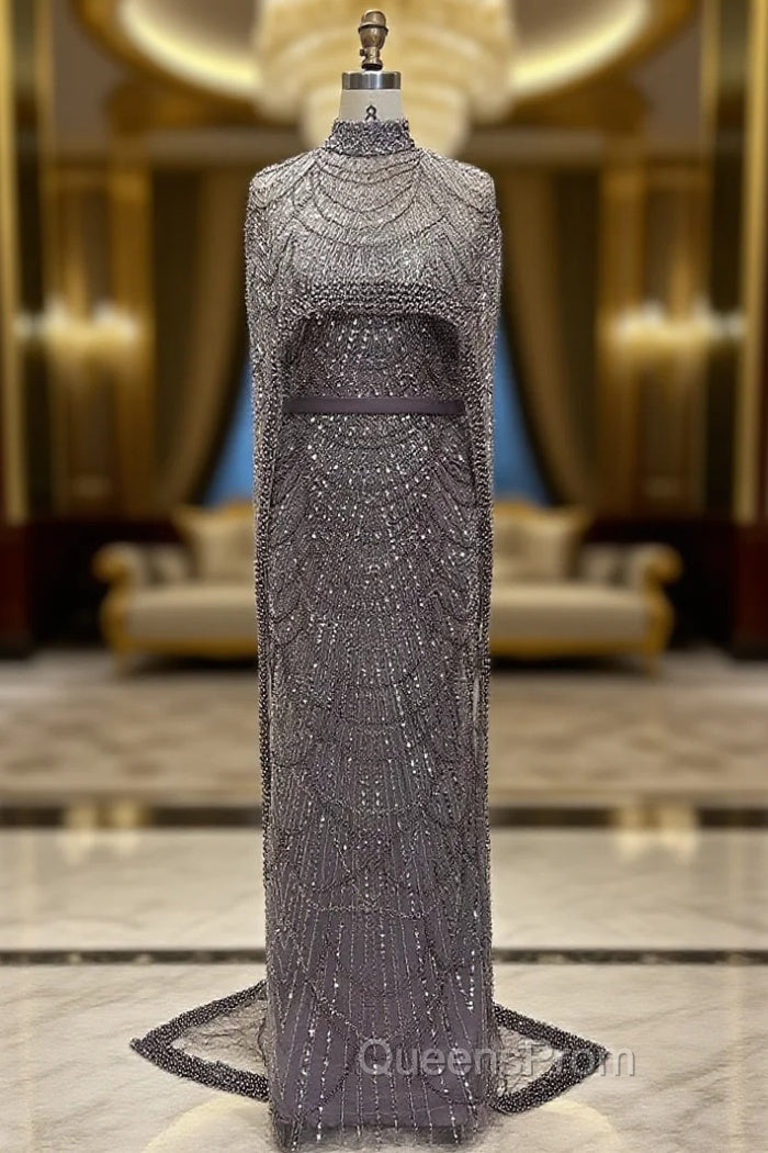 Brown Beading Evening Prom Dress Sweep Train High Neck Zipper Sleeveless Evening Dress Main image