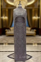 Brown Beading Evening Prom Dress Sweep Train High Neck Zipper Sleeveless Evening Dress