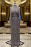 Brown Beading Evening Prom Dress Sweep Train High Neck Zipper Sleeveless Evening Dress