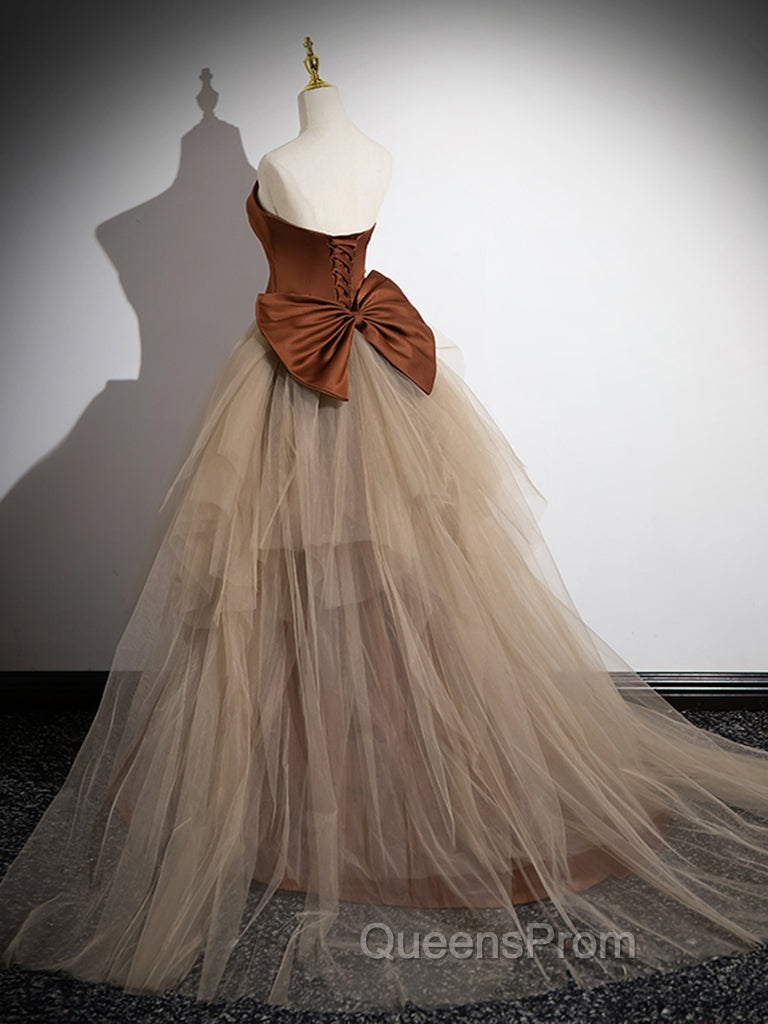 Brown Mermaid Satin Tulle Long Evening Prom Dress, Brown Long Evening Dress