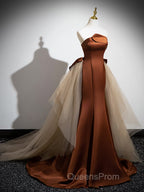 Brown Mermaid Satin Tulle Long Evening Prom Dress, Brown Long Evening Dress