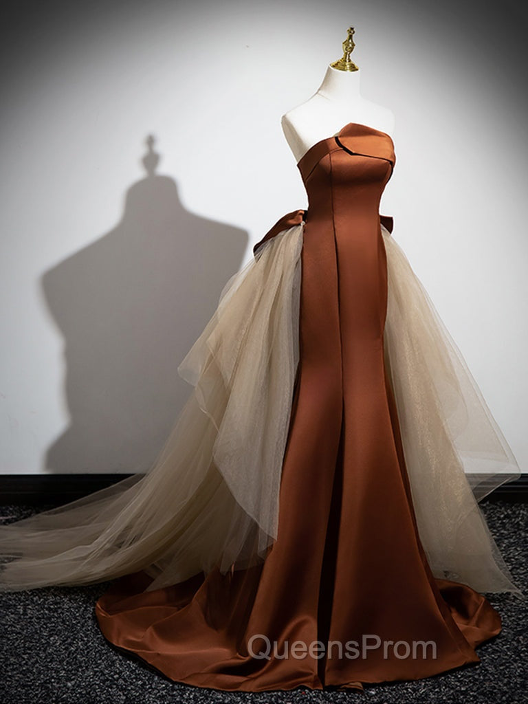 Brown Mermaid Satin Tulle Long Evening Prom Dress, Brown Long Evening Dress