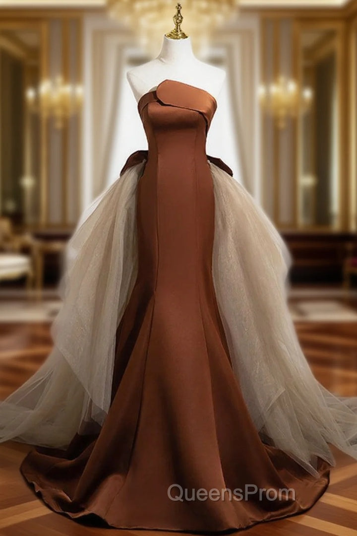 Brown Mermaid Satin Tulle Long Evening Prom Dress, Brown Long Evening Dress Main image
