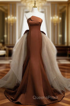 Brown Mermaid Satin Tulle Long Evening Prom Dress, Brown Long Evening Dress