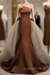 Brown Mermaid Satin Tulle Evening Prom Dress